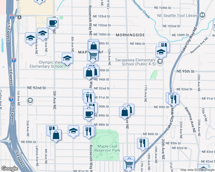map of restaurants, bars, coffee shops, grocery stores, and more near 1209 Northeast 92nd Street in Seattle