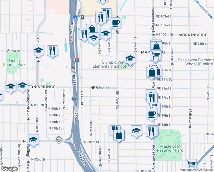 map of restaurants, bars, coffee shops, grocery stores, and more near 335 Northeast 92nd Street in Seattle