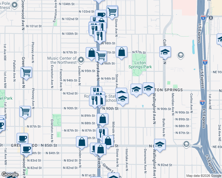 map of restaurants, bars, coffee shops, grocery stores, and more near 1133 North 92nd Street in Seattle