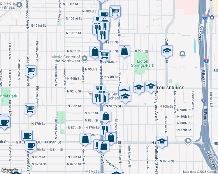 map of restaurants, bars, coffee shops, grocery stores, and more near 1133 North 92nd Street in Seattle