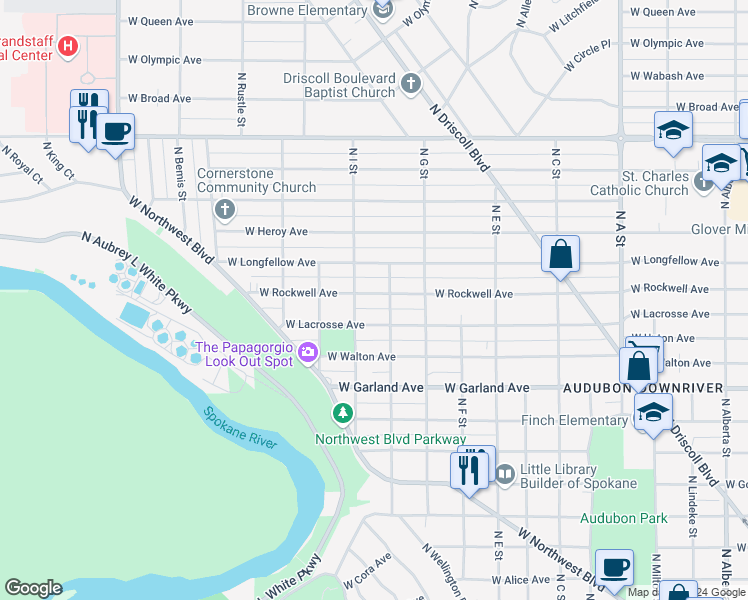 map of restaurants, bars, coffee shops, grocery stores, and more near 3611 West Rockwell Avenue in Spokane