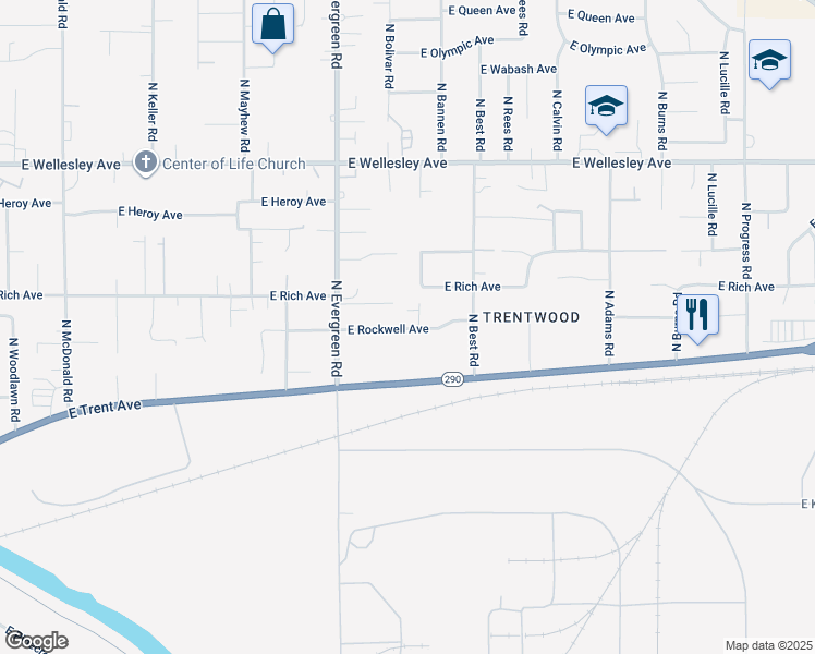 map of restaurants, bars, coffee shops, grocery stores, and more near 14020 East Rockwell Avenue in Spokane Valley