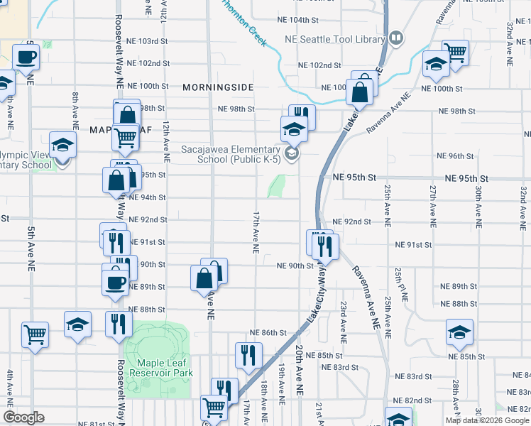 map of restaurants, bars, coffee shops, grocery stores, and more near 1721 Northeast 92nd Street in Seattle