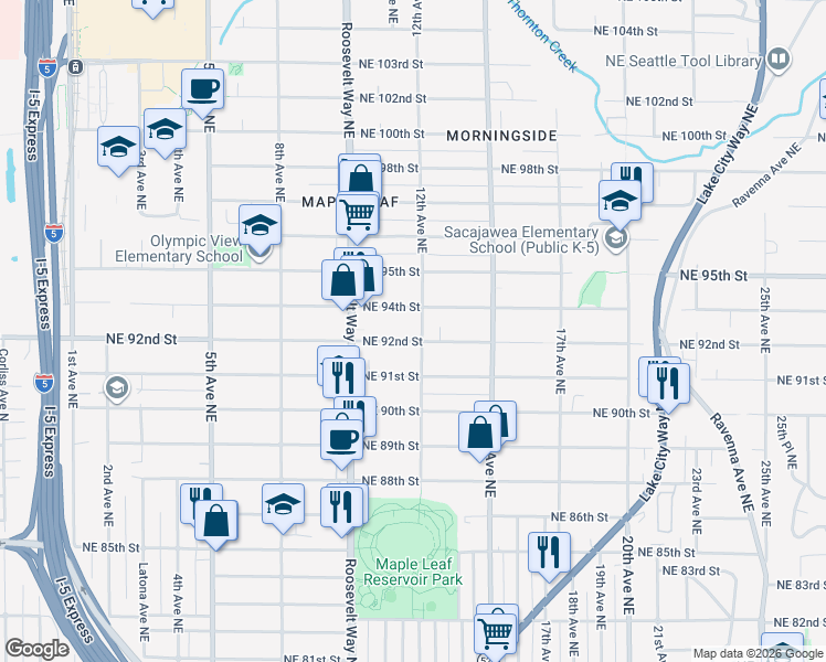 map of restaurants, bars, coffee shops, grocery stores, and more near 1209 Northeast 92nd Street in Seattle