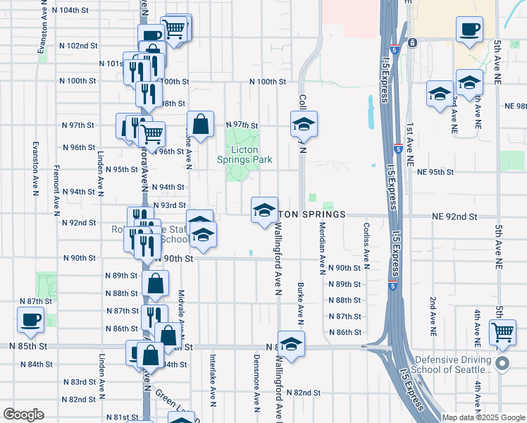 map of restaurants, bars, coffee shops, grocery stores, and more near 1700 North 90th Street in Seattle
