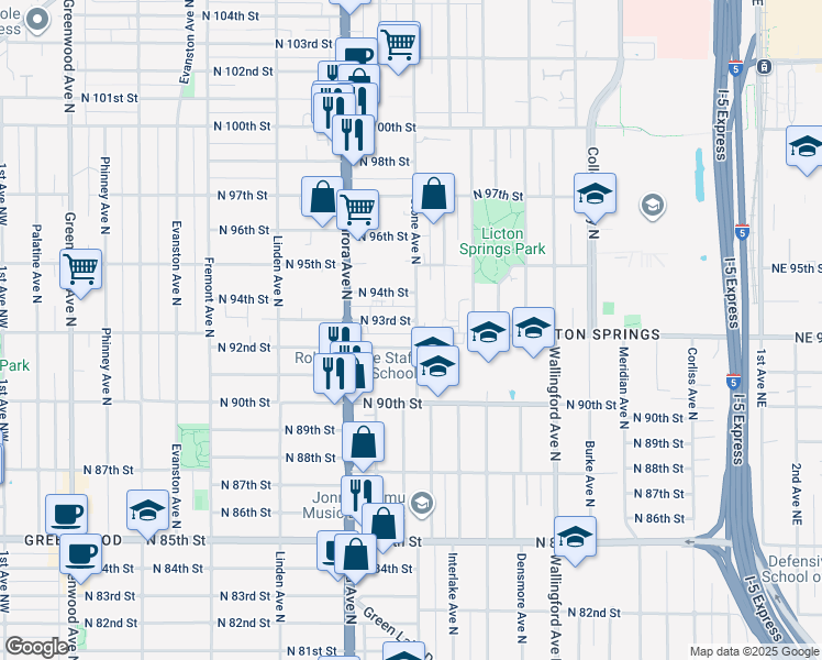 map of restaurants, bars, coffee shops, grocery stores, and more near 1159 North 92nd Street in Seattle