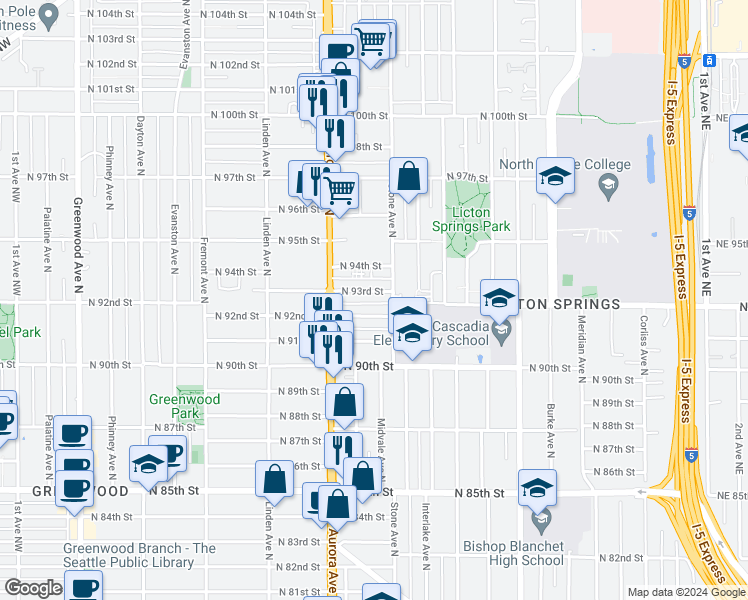 map of restaurants, bars, coffee shops, grocery stores, and more near 1133 North 92nd Street in Seattle