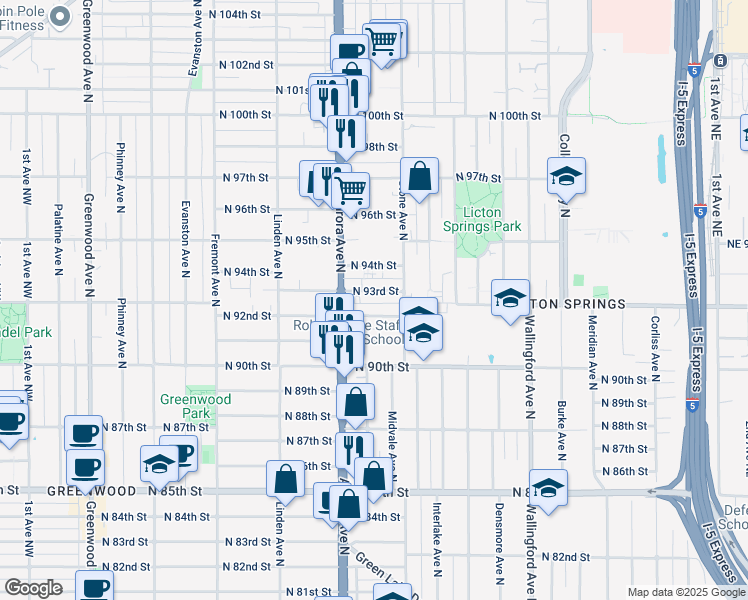 map of restaurants, bars, coffee shops, grocery stores, and more near 1133 North 92nd Street in Seattle