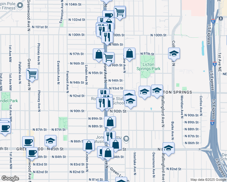 map of restaurants, bars, coffee shops, grocery stores, and more near 1133 North 92nd Street in Seattle
