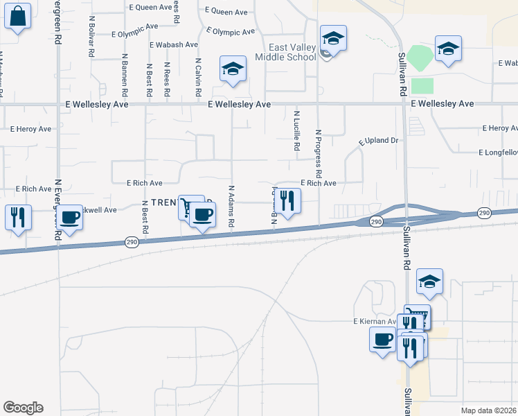 map of restaurants, bars, coffee shops, grocery stores, and more near 14815 East Trent Avenue in Spokane Valley