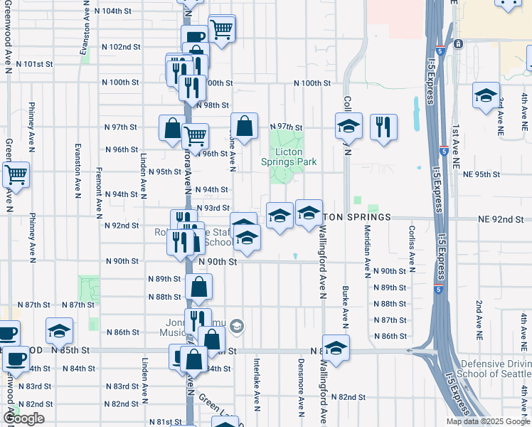 map of restaurants, bars, coffee shops, grocery stores, and more near 9203 Ashworth Avenue North in Seattle