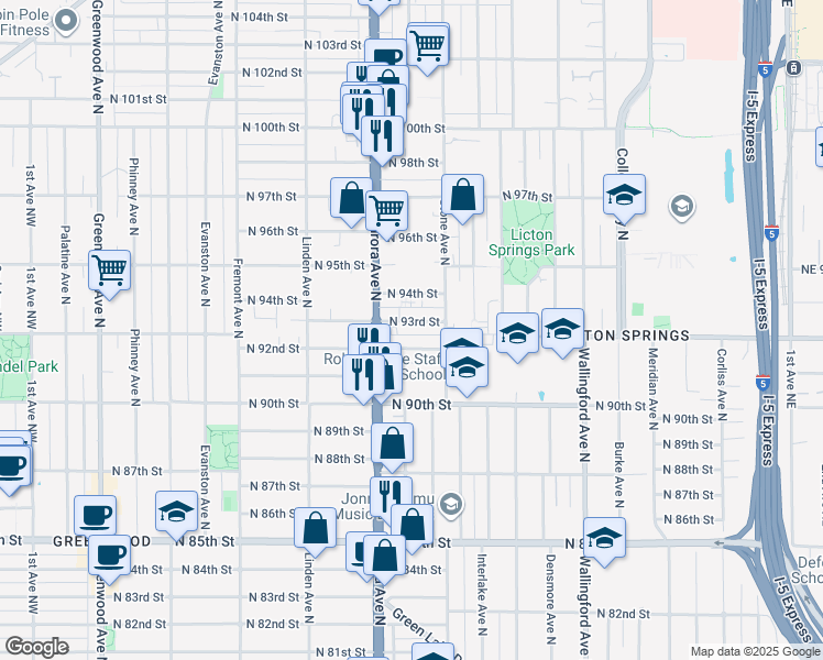 map of restaurants, bars, coffee shops, grocery stores, and more near 1125 North 93rd Street in Seattle