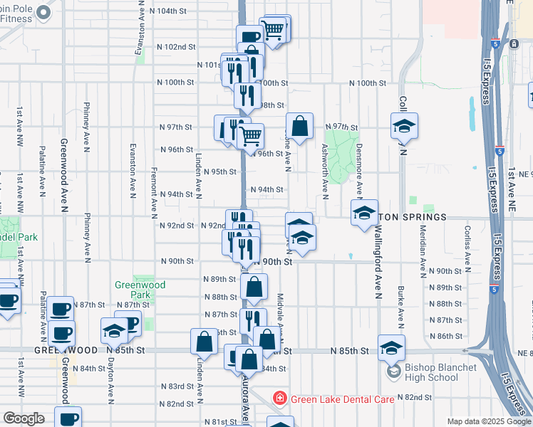 map of restaurants, bars, coffee shops, grocery stores, and more near 1133 North 92nd Street in Seattle