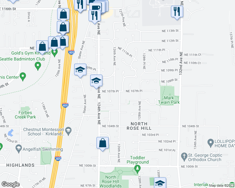 map of restaurants, bars, coffee shops, grocery stores, and more near 10619 126th Avenue Northeast in Kirkland