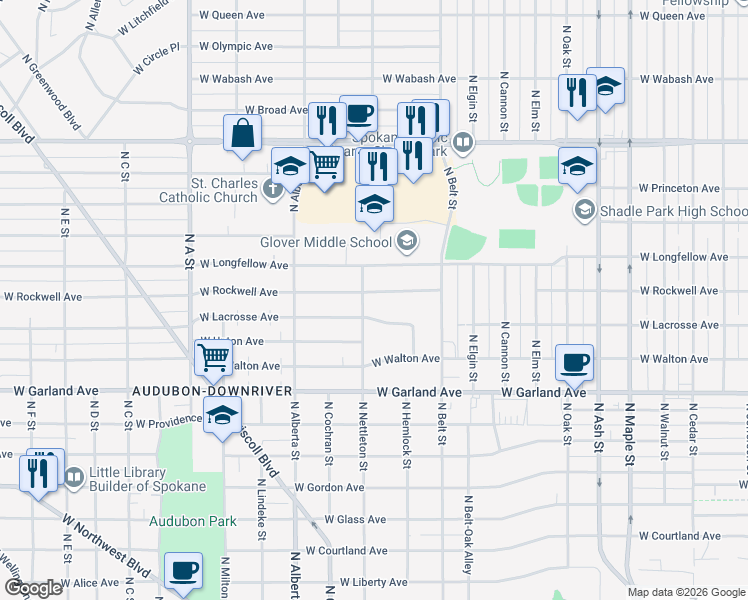 map of restaurants, bars, coffee shops, grocery stores, and more near 2319 West Lacrosse Avenue in Spokane