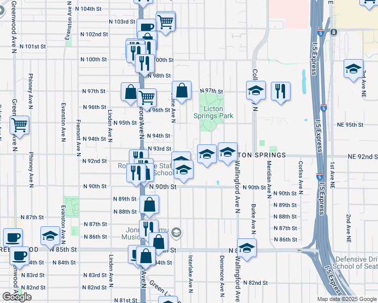 map of restaurants, bars, coffee shops, grocery stores, and more near 9203 Ashworth Avenue North in Seattle