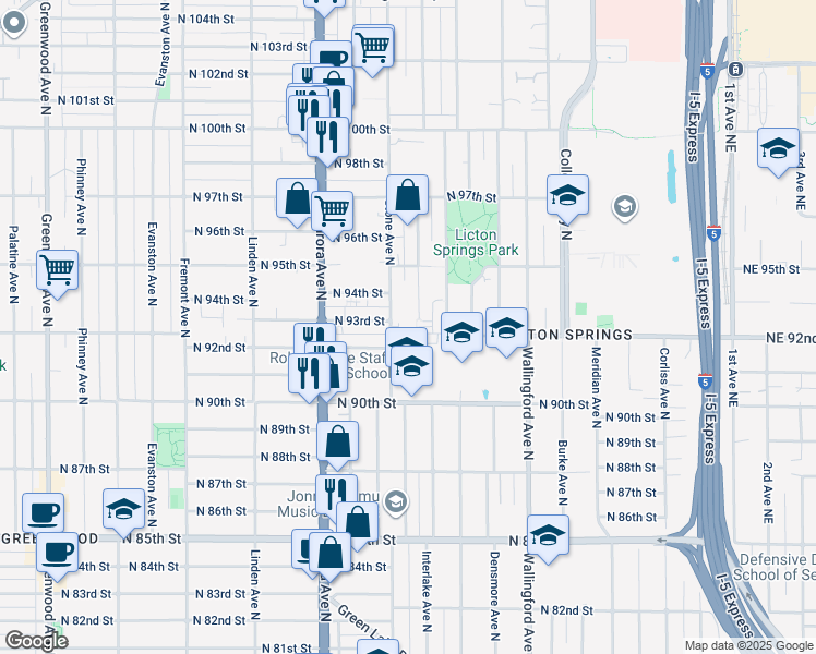 map of restaurants, bars, coffee shops, grocery stores, and more near 1159 North 92nd Street in Seattle