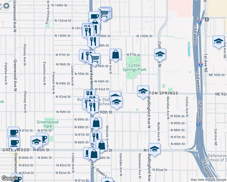 map of restaurants, bars, coffee shops, grocery stores, and more near 1159 North 92nd Street in Seattle