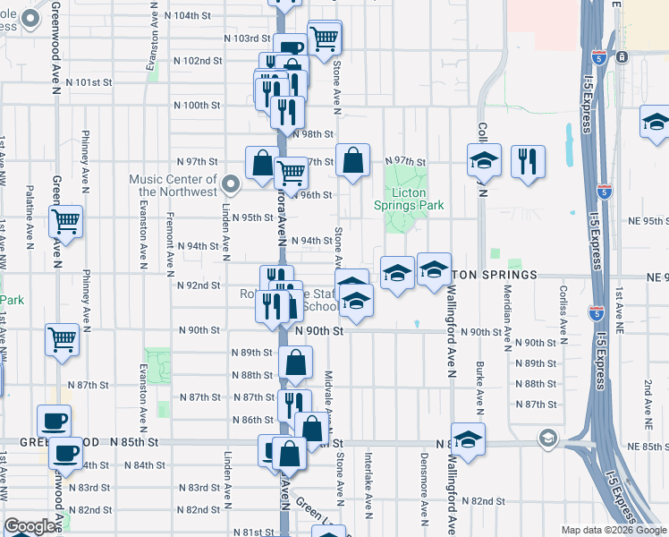 map of restaurants, bars, coffee shops, grocery stores, and more near 1159 North 92nd Street in Seattle
