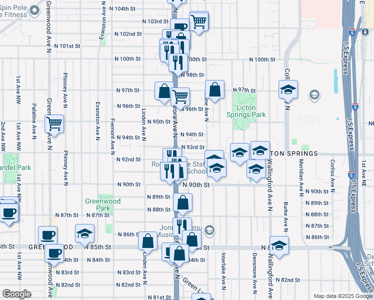 map of restaurants, bars, coffee shops, grocery stores, and more near 1133 North 92nd Street in Seattle