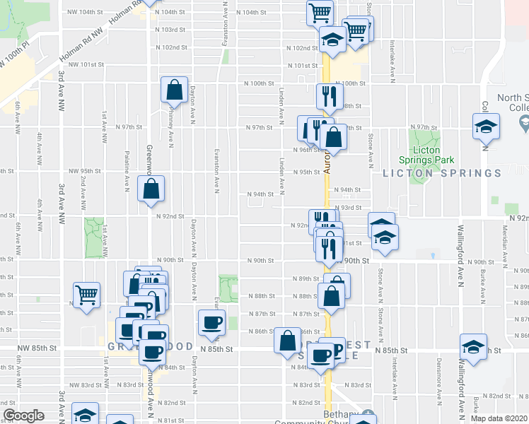 map of restaurants, bars, coffee shops, grocery stores, and more near 725 North 92nd Street in Seattle