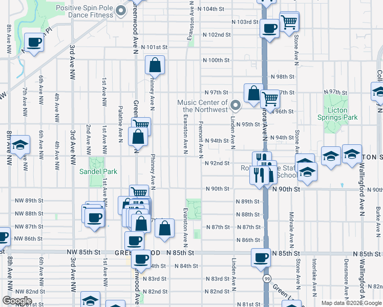 map of restaurants, bars, coffee shops, grocery stores, and more near 9039 Fremont Avenue North in Seattle