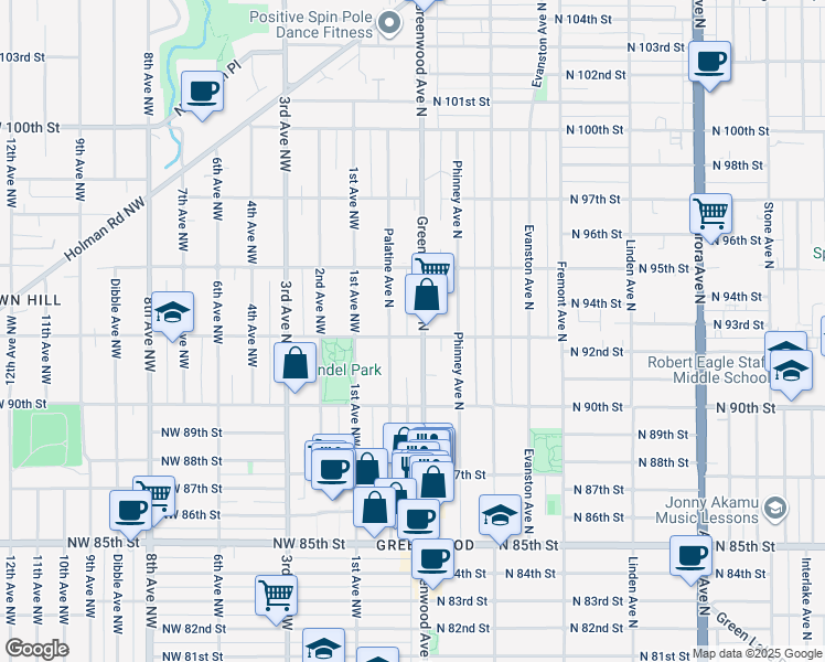 map of restaurants, bars, coffee shops, grocery stores, and more near 9042 Palatine Avenue North in Seattle