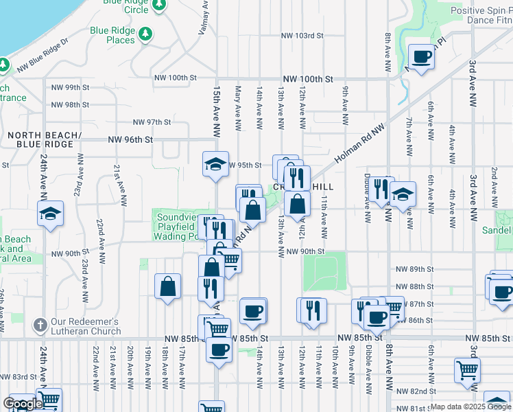map of restaurants, bars, coffee shops, grocery stores, and more near 9053 Holman Road Northwest in Seattle