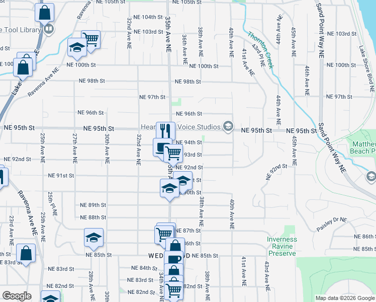 map of restaurants, bars, coffee shops, grocery stores, and more near 3536 Northeast 92nd Street in Seattle