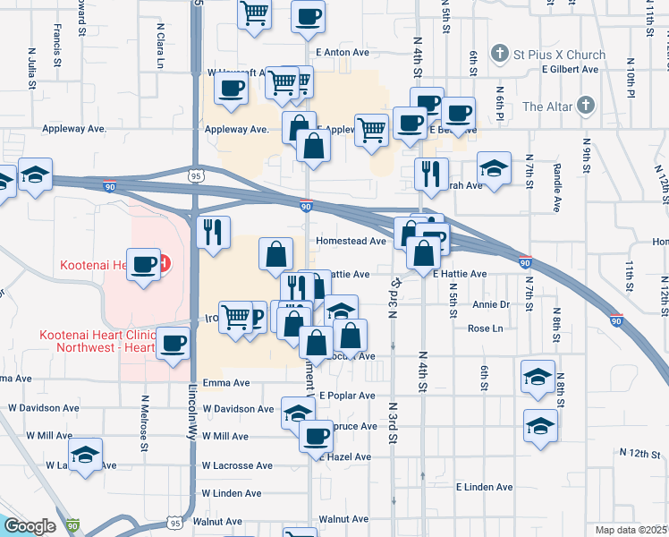 map of restaurants, bars, coffee shops, grocery stores, and more near 110 East Homestead Avenue in Coeur d'Alene