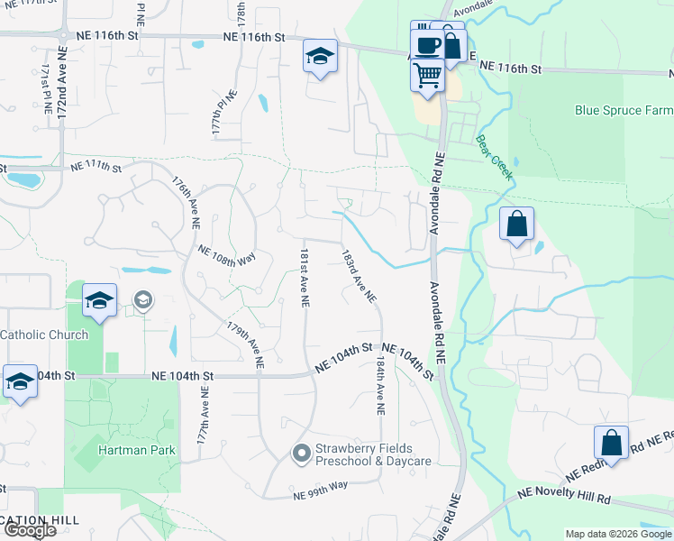 map of restaurants, bars, coffee shops, grocery stores, and more near 18221 Northeast 108th Court in Redmond