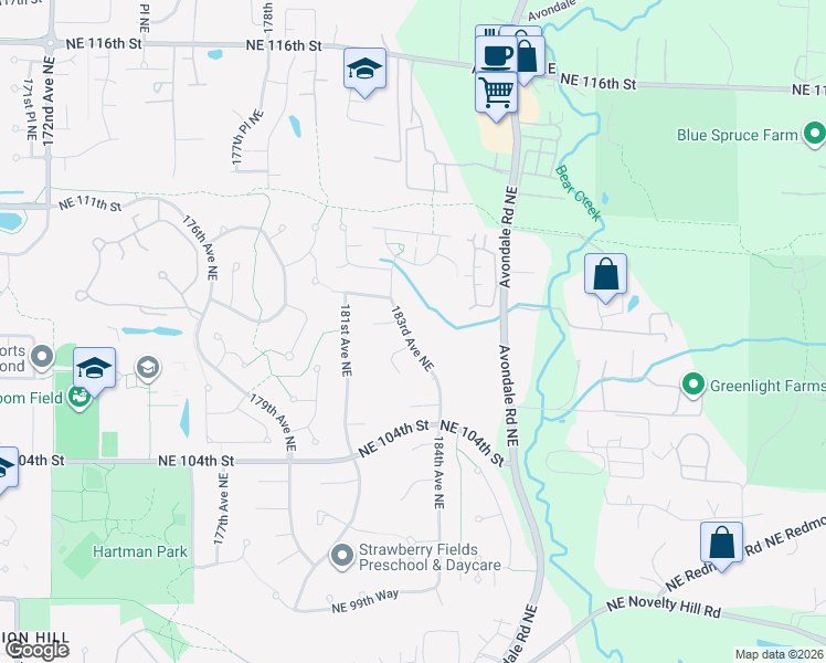 map of restaurants, bars, coffee shops, grocery stores, and more near 10714 183rd Avenue Northeast in Redmond
