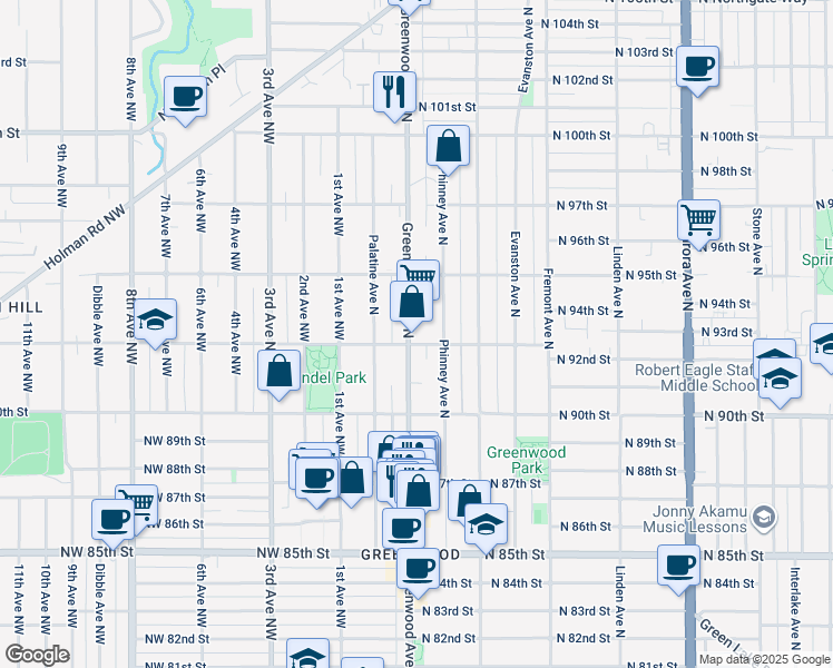 map of restaurants, bars, coffee shops, grocery stores, and more near 9200 Greenwood Avenue North in Seattle