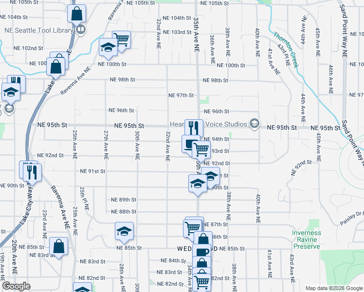 map of restaurants, bars, coffee shops, grocery stores, and more near 3229 Northeast 94th Street in Seattle