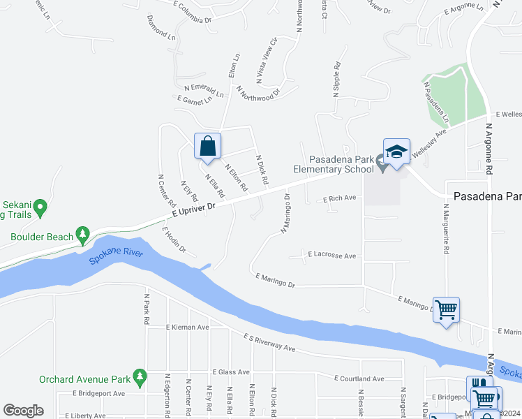 map of restaurants, bars, coffee shops, grocery stores, and more near 4310 North Centennial Lane in Spokane