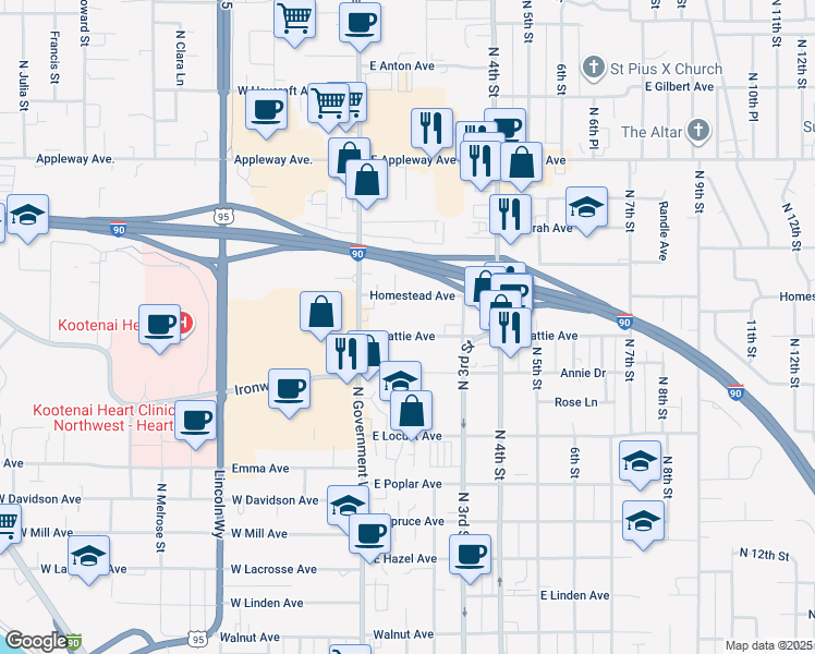 map of restaurants, bars, coffee shops, grocery stores, and more near 206 East Homestead Avenue in Coeur d'Alene