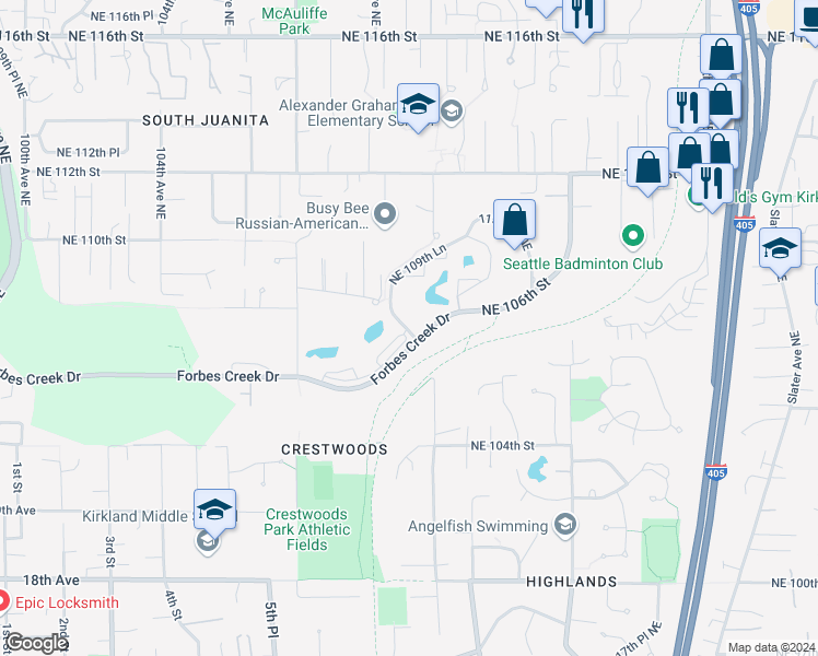 map of restaurants, bars, coffee shops, grocery stores, and more near 10818 111th Court Northeast in Kirkland