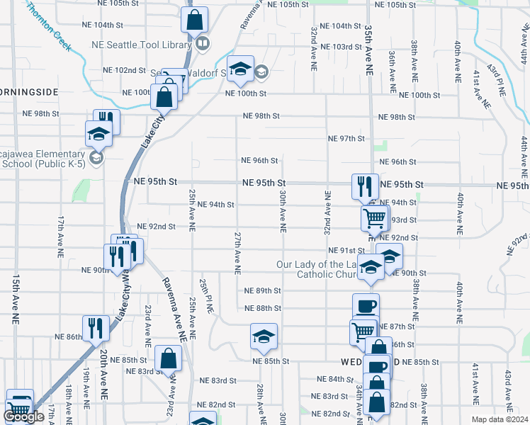 map of restaurants, bars, coffee shops, grocery stores, and more near 2746 Northeast 94th Street in Seattle