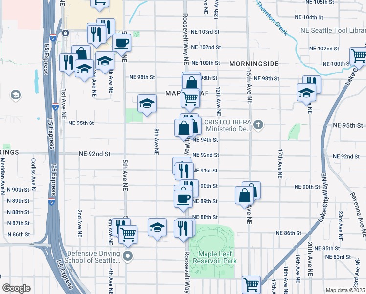 map of restaurants, bars, coffee shops, grocery stores, and more near 9400 Roosevelt Way Northeast in Seattle