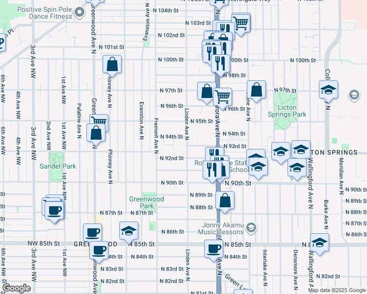 map of restaurants, bars, coffee shops, grocery stores, and more near 9403 Linden Avenue North in Seattle