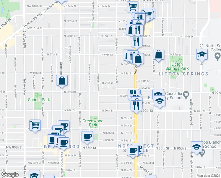 map of restaurants, bars, coffee shops, grocery stores, and more near 9403 Linden Avenue North in Seattle