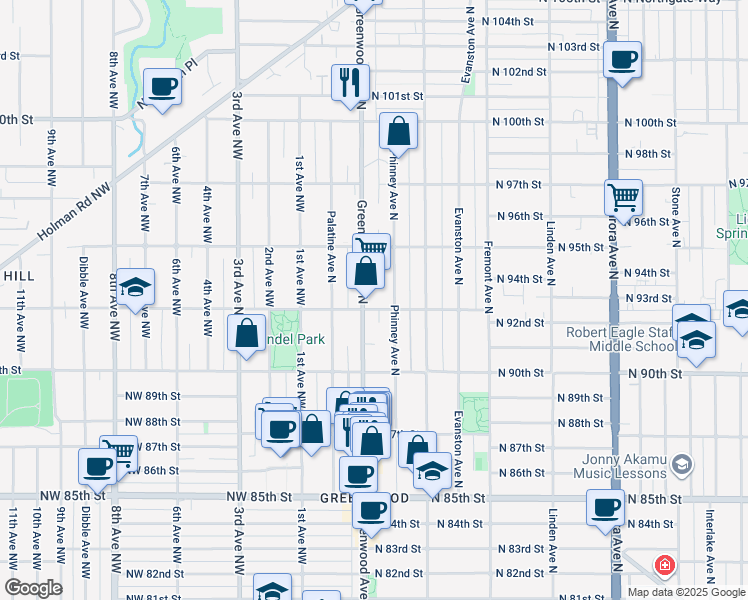 map of restaurants, bars, coffee shops, grocery stores, and more near 9234 Greenwood Avenue North in Seattle