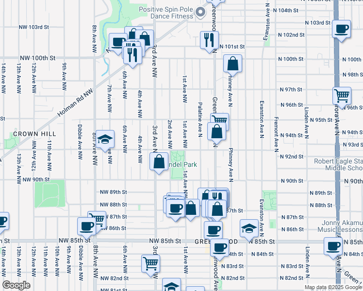 map of restaurants, bars, coffee shops, grocery stores, and more near 9230 1st Avenue Northwest in Seattle