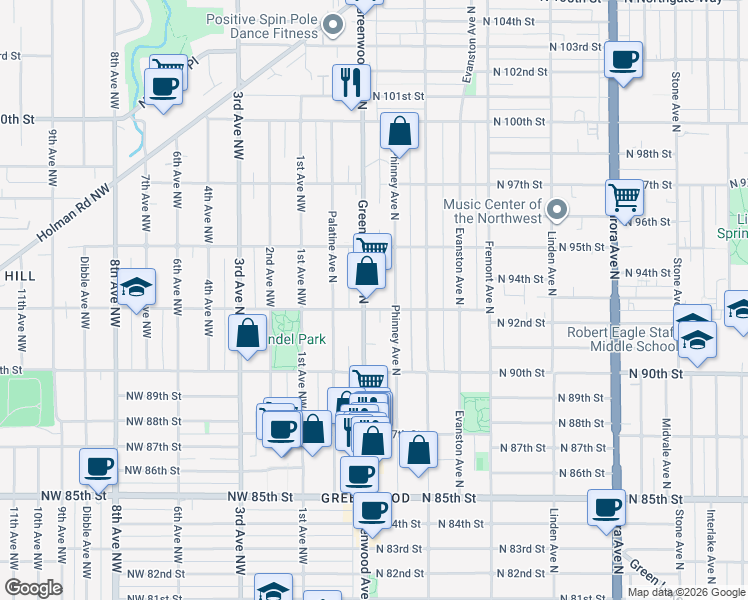 map of restaurants, bars, coffee shops, grocery stores, and more near 9234 Greenwood Avenue North in Seattle