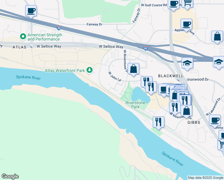 map of restaurants, bars, coffee shops, grocery stores, and more near 2224 West Aviara Place in Coeur d'Alene