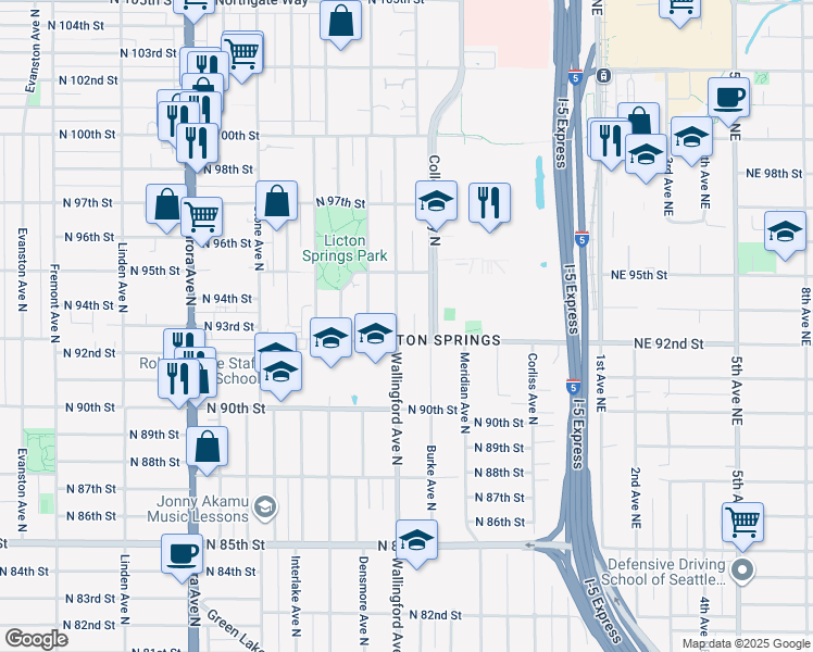 map of restaurants, bars, coffee shops, grocery stores, and more near 9208 Wallingford Avenue North in Seattle