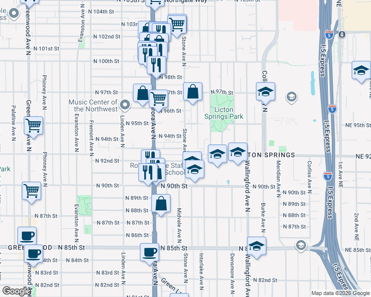 map of restaurants, bars, coffee shops, grocery stores, and more near Stone Ave N & N 93rd St in Seattle