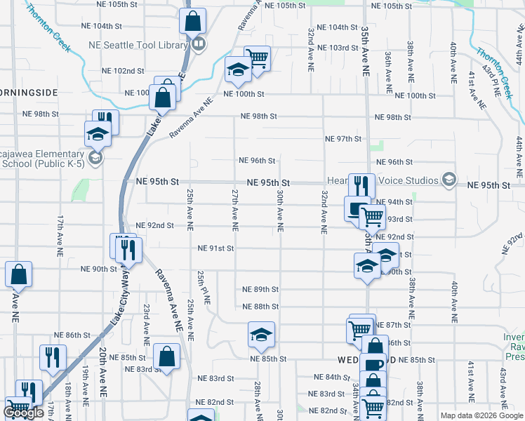 map of restaurants, bars, coffee shops, grocery stores, and more near 2733 Northeast 94th Street in Seattle