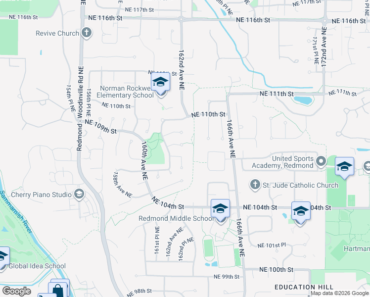 map of restaurants, bars, coffee shops, grocery stores, and more near 16225 Northeast 107th Court in Redmond