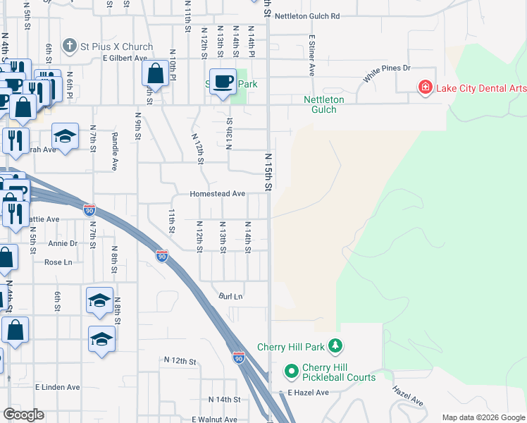 map of restaurants, bars, coffee shops, grocery stores, and more near 2105 North 15th Street in Coeur d'Alene